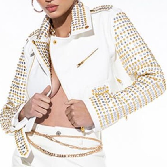 Callie Lives White Gold Azalea Wang Ivory l Studded Rhinestone Moto Jacket Large - Picture 5 of 8